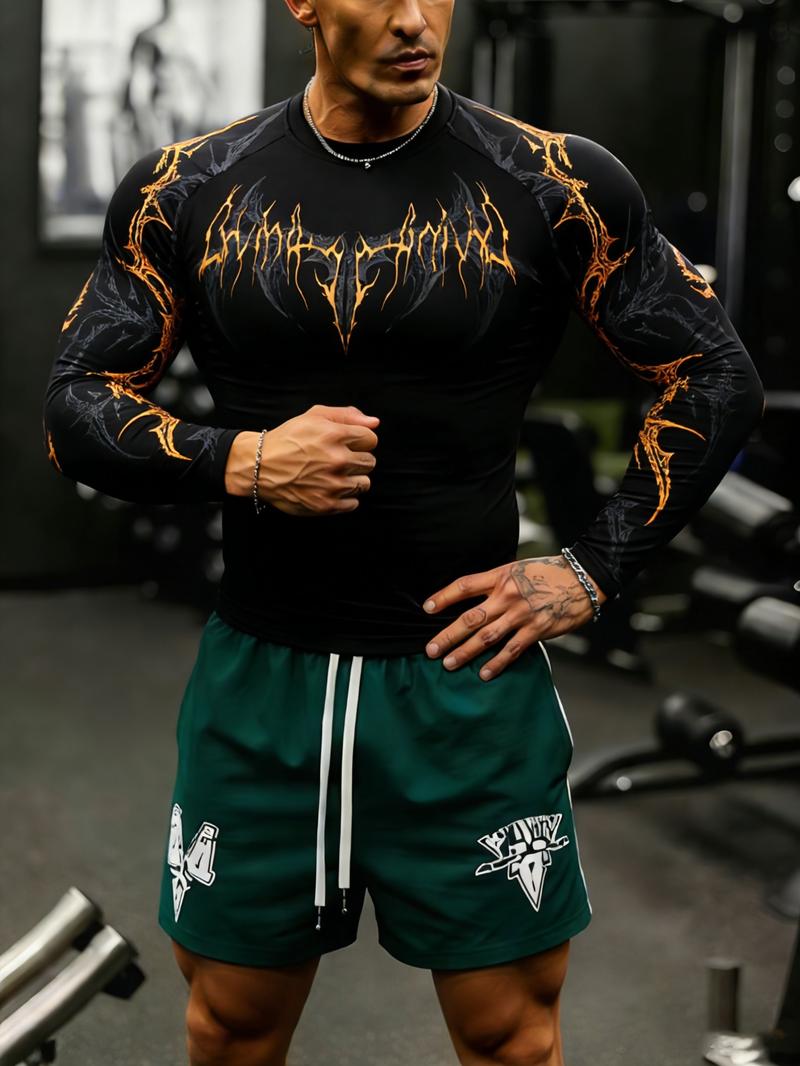 Men's Professional Sports Quick-Dry Fitness Shirt, Gothic Print Long Sleeve, High Elasticity, Round Neck, Moisture-Wicking, Running, Training, Daily Wear Men's Professional Sports Quick-Dry Fitness Shirt, Gothic Print Long Sleeve, High Elasticity, Round Neck, Moisture-Wicking, Running, Training, Daily Wear