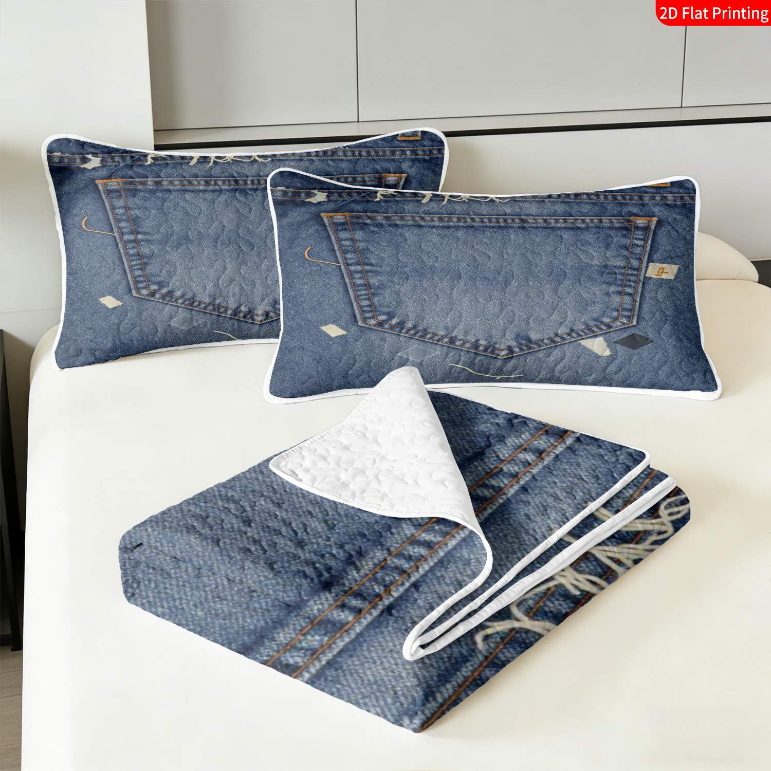 3 pcs, 2D flat print Denim Patchwork bed cover set, Jeans-inspired theme, multiple sizes available, bedding set, festive decorative bedding, ideal for bedroom decor(1 bedspread , 2 pillowcases)