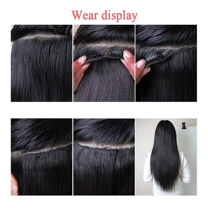 Tahikie  Natural Black Color Straight Clip in Hair Extensions Human Hair 8pcs Per Set with 18Clips Double Drown highlight extent Wigs Sleek