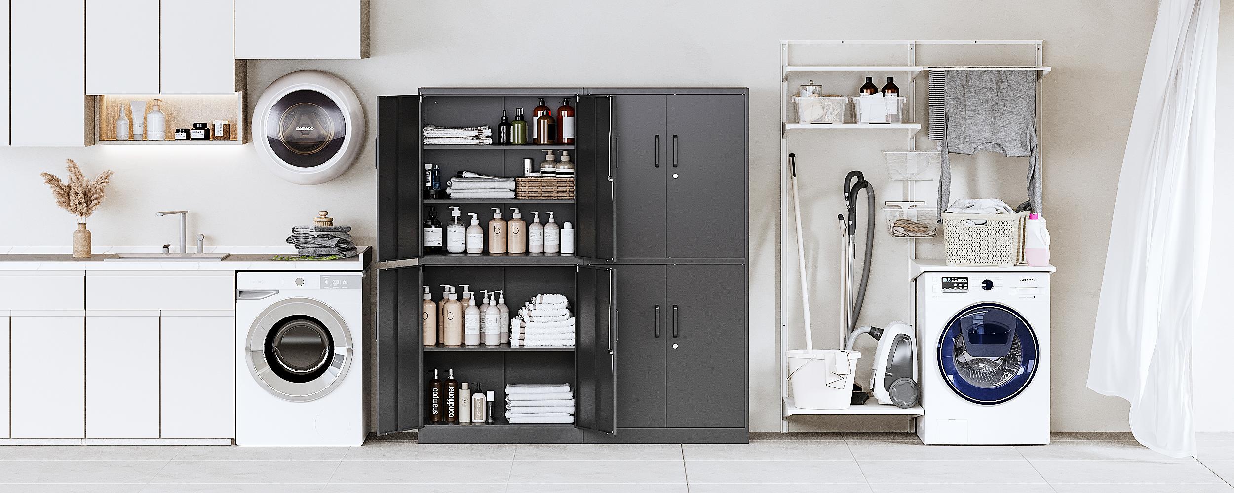 Metal Storage Cabinet with Lock, 71" Tall, 2 Adjustable Shelves, 4 Doors, Black Color, Ideal for Office, Garage, Home, and Pantry Use