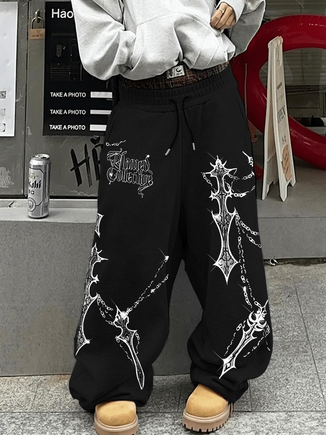 Gothic Cross Chain Print Casual Pants Unisex, Loose Straight