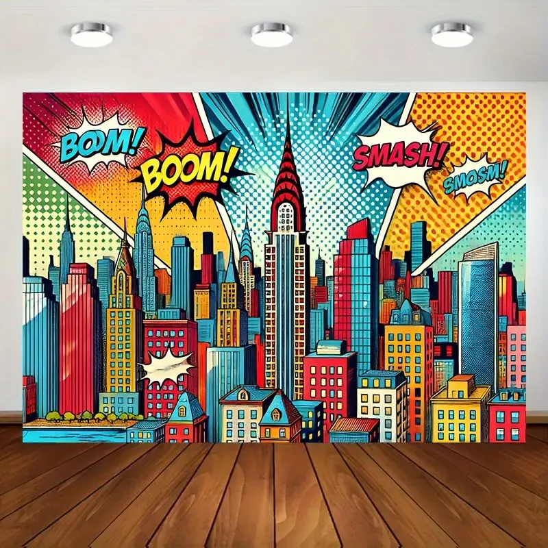 2D Flat, 2D Flat Banner, 1pc, Vibrant Pop Art City Landscape Background Fabric - Easy to Build, Reusable, Suitable for Parties and Events: Birthdays, Weddings, Festivals -wy, 2D Flat