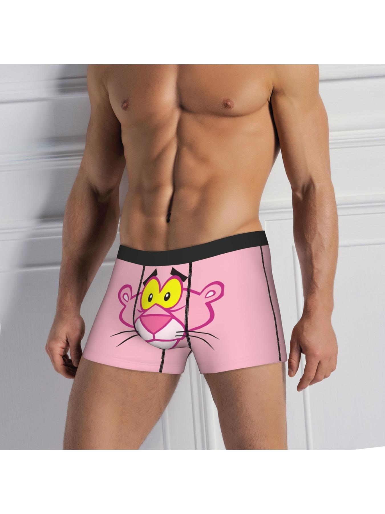 Funny Pink Leopard Cartoon Boxers, Retro 60s Big Cat Face, Naughty Gag Gift for Him, Boxer Shorts