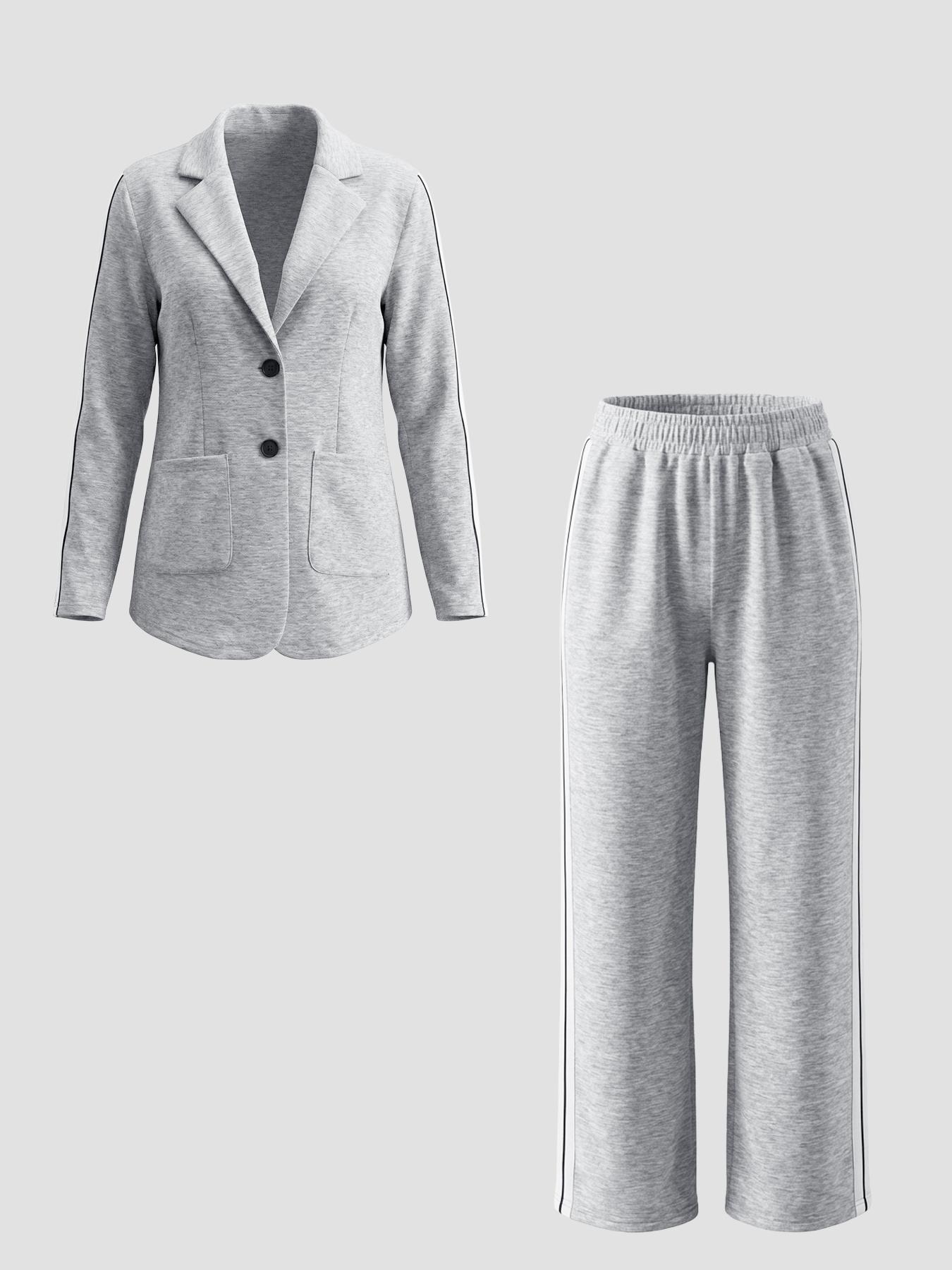 Women's Striped Print Suit Set, Blazer Jacket & Wide Leg Pants, Casual Fitted, All Seasons Wear, Regular Length