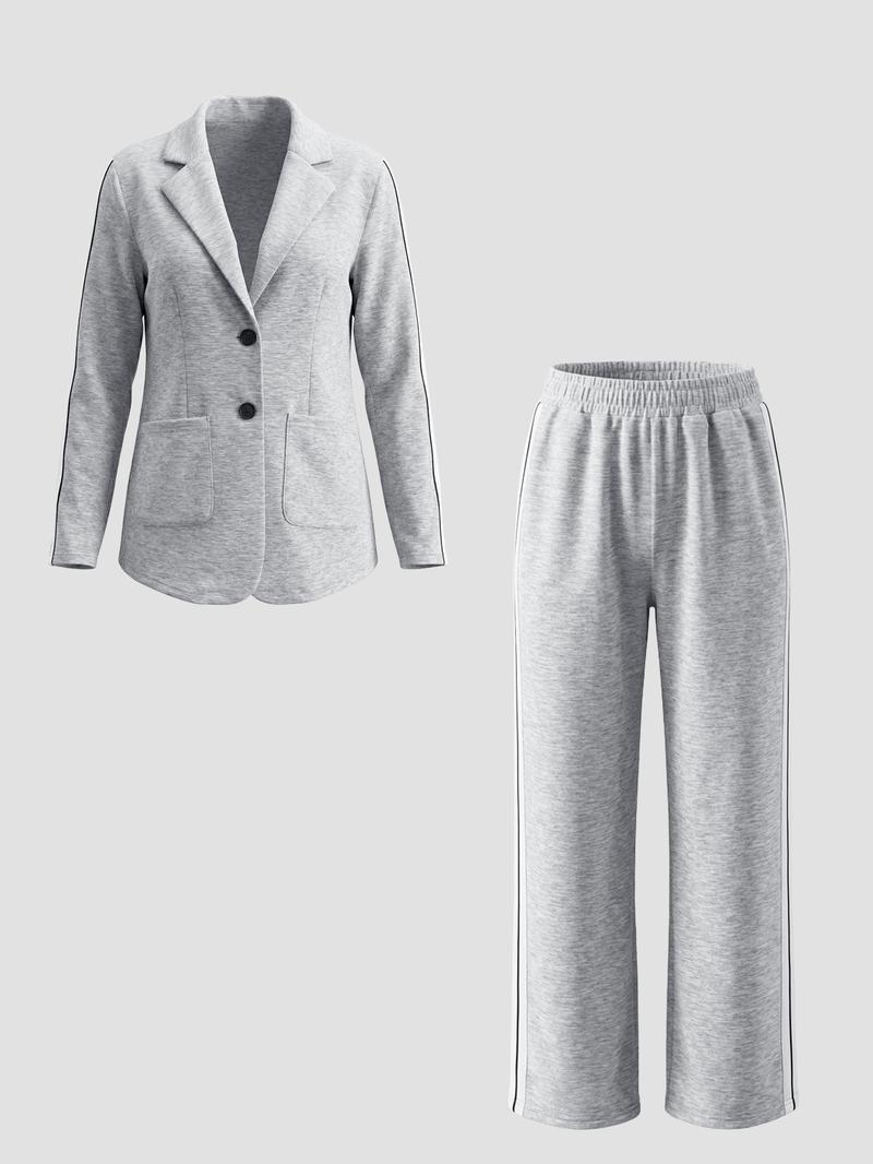 Valentine's Day Women's Striped Print Blazer Jacket & Wide Leg Pants Set, Casual Fitted Suit for All Seasons, Stylish Ladies' Clothing Ensemble