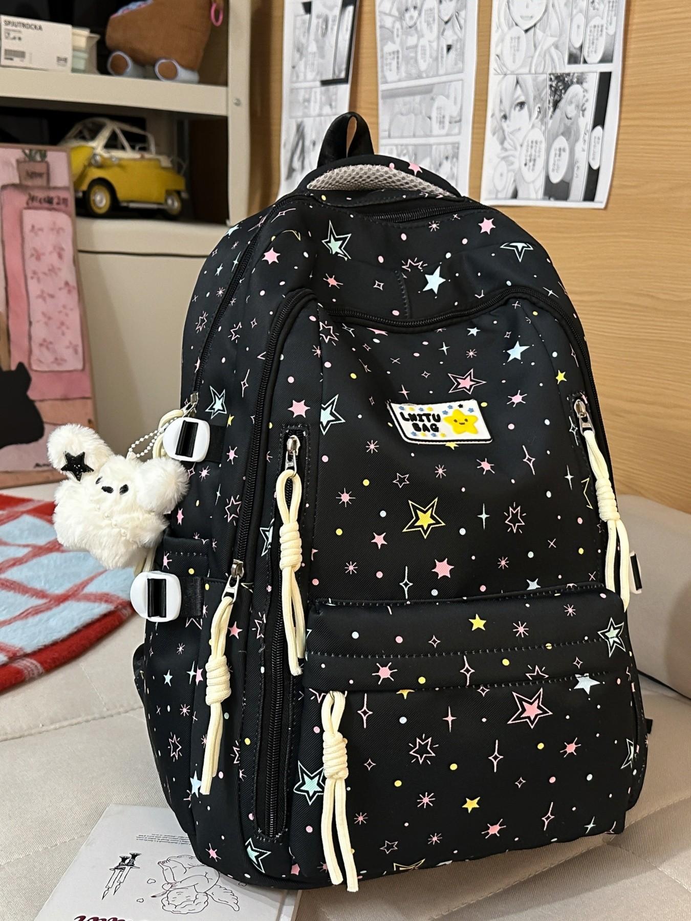 2026 New Cute Waterproof Fashion Star Pattern Backpack, High School Student Book Bag, Large Capacity Dual Shoulder Bag with Charm