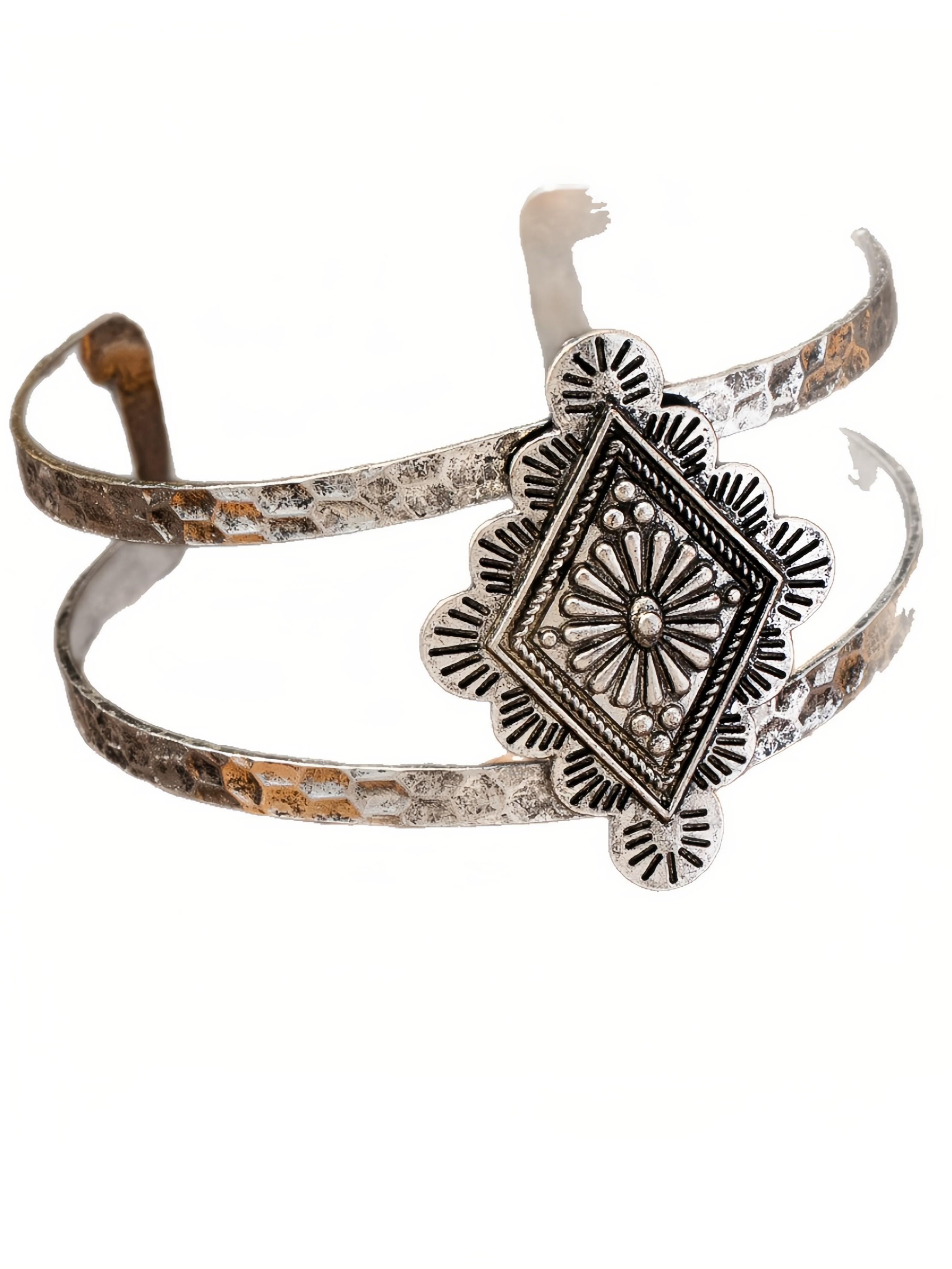 Vintage Silver Color Southwest Cuff Bracelet, Boho Geometric Flower Hammered Open Bangle, Western Tribal Jewelry for Women, Adjustable 6cm Vintage Silver Color Southwest Cuff Bracelet, Boho Geometric Flower Hammered Open Bangle, Western Tribal Jewelry for Women, Adjustable 6cm
