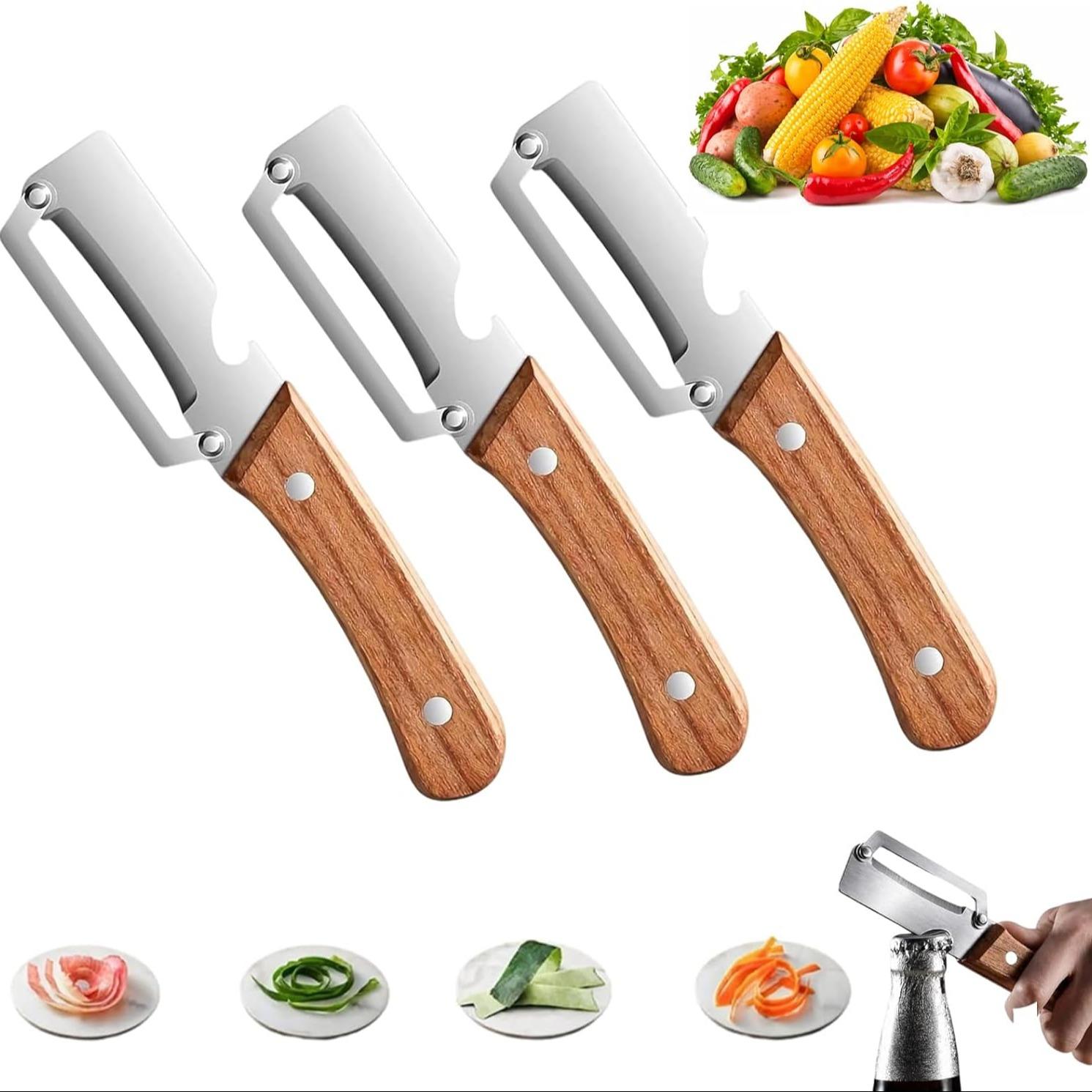 1/2/3 PCS Vegetable Peeler with Wooden Handle and Bottle Opener, Peeling, Zero Snag Wooden Peeler, Zero Snag Wooden Kitchen Tool, Multi-Functional Vegetable Peeler for Kitchen, Non-Slip Fruit Peeler with Wooden Handle for Apple, Potato