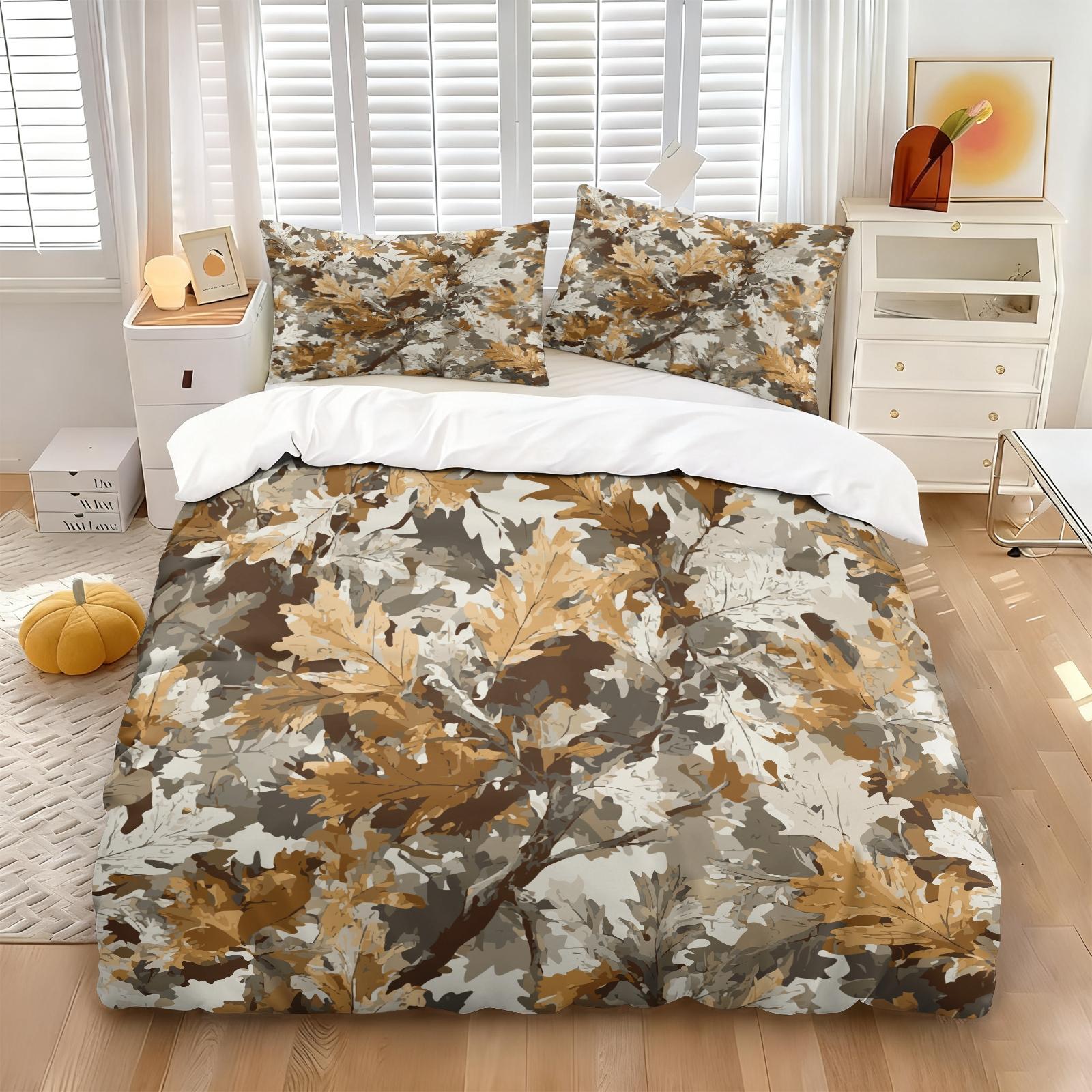 Rustic Hunting Forest Camo Duvet Cover Set, Includes 1 Duvet Cover and 1-2 Pillowcases, Woodland Forest Leaf Camouflage Print Bedding Set, Outdoor Hunter Themed Bedroom Decor for Cabin, Farmhouse & Masculine Men Spaces, Comfy Bedding Set