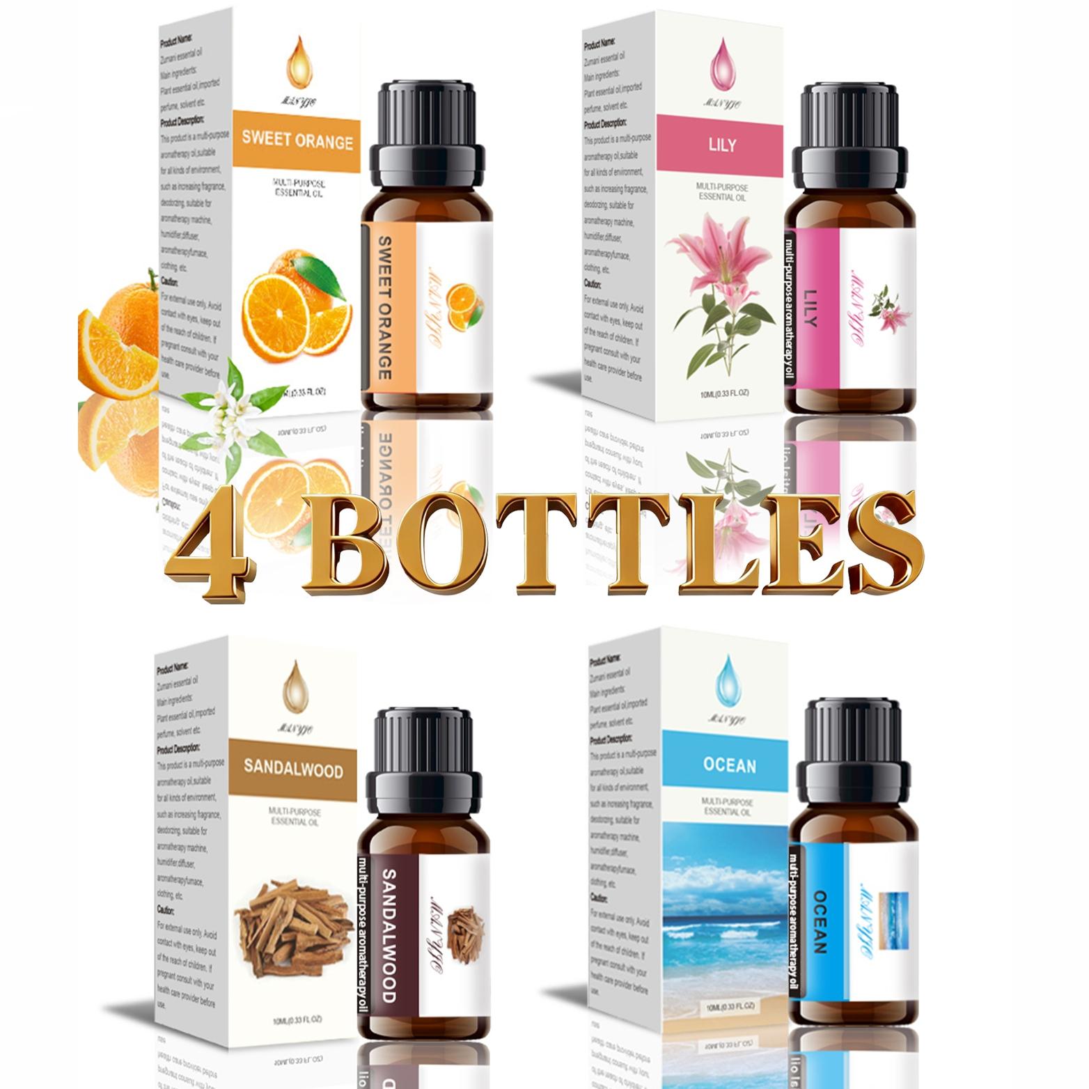 4pcs Eucalyptus Lily Rosemary Sandalwood Essential Oils, 10ML Plant Flower Fruit Scent, Long Lasting, Suitable for Home Office Bathroom