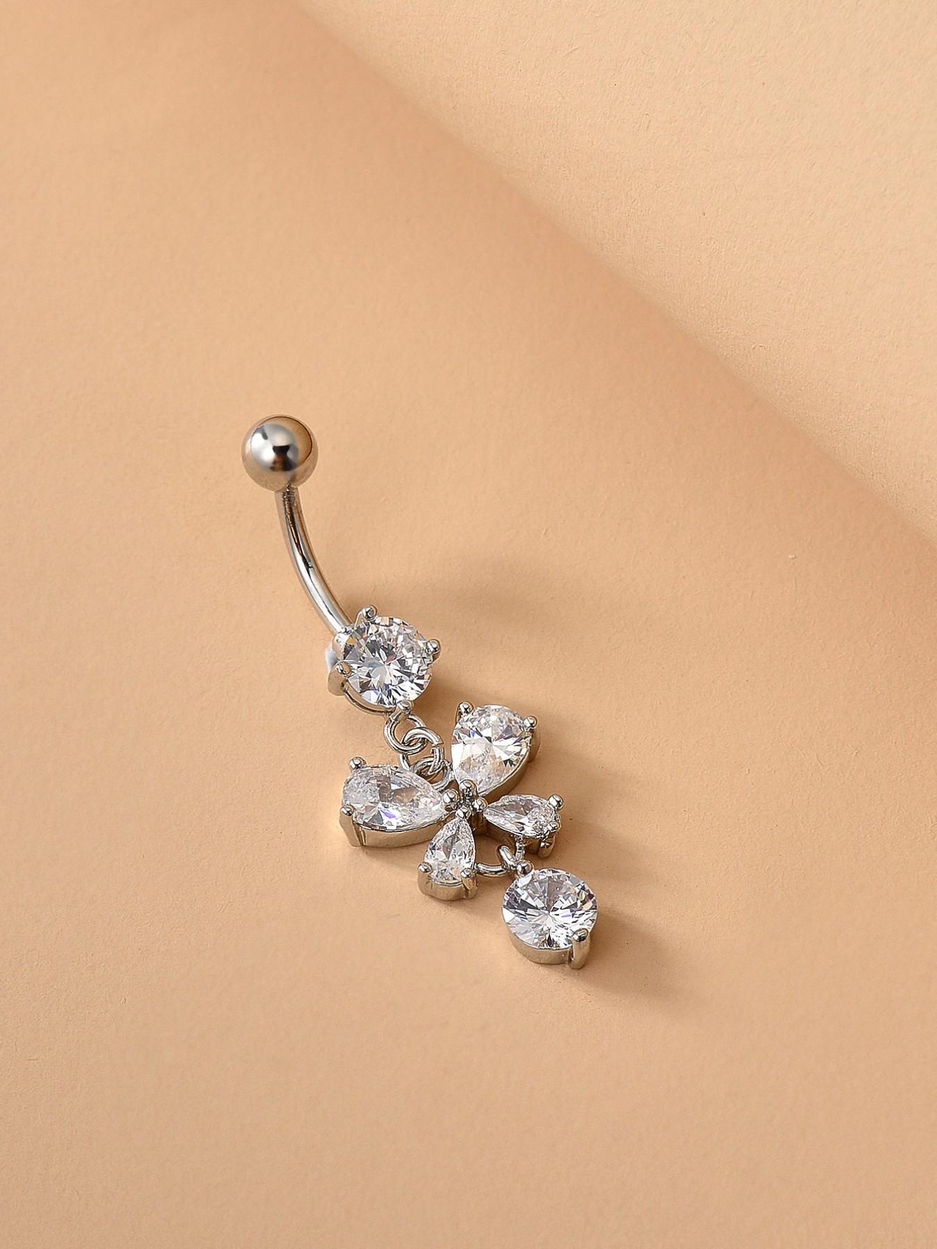 Women's Luxurious Butterfly Pendant Belly Ring, Embedded Artificial Zirconia Piercing Jewelry, Beach Vacation Party Daily Accessory