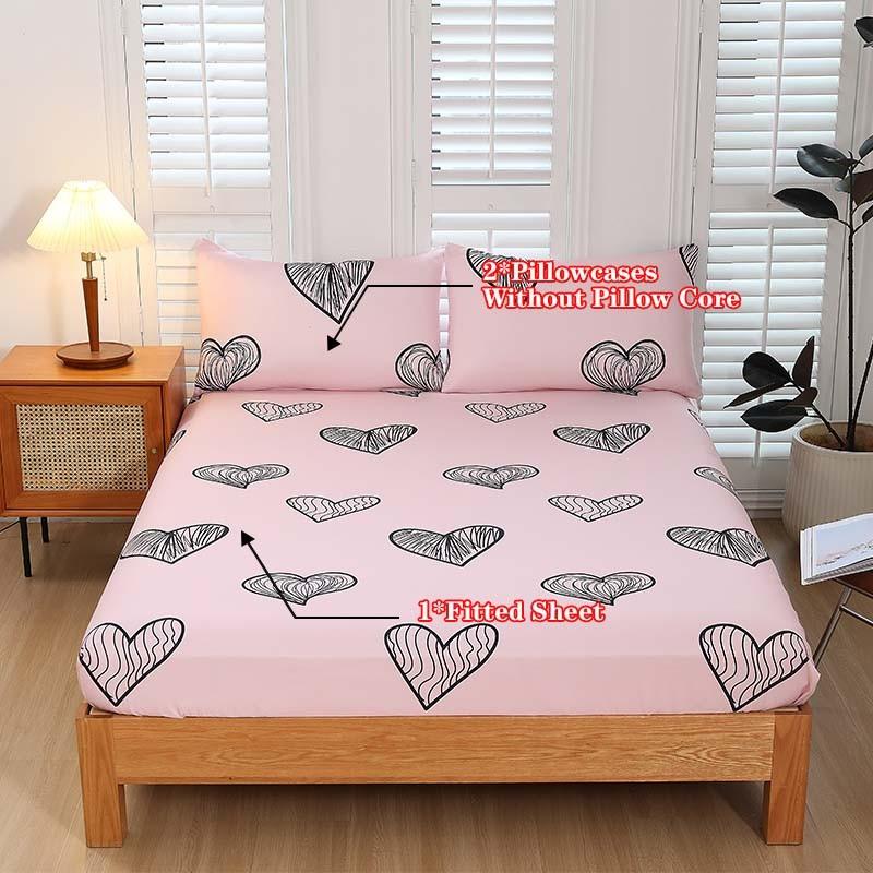 Simple Love Print Fitted Sheet Set, 1 fitted sheet + 2 pillowcases, no inserts included. Soft and comfortable bedding set, suitable for bedrooms and guest rooms, deep pocket design.