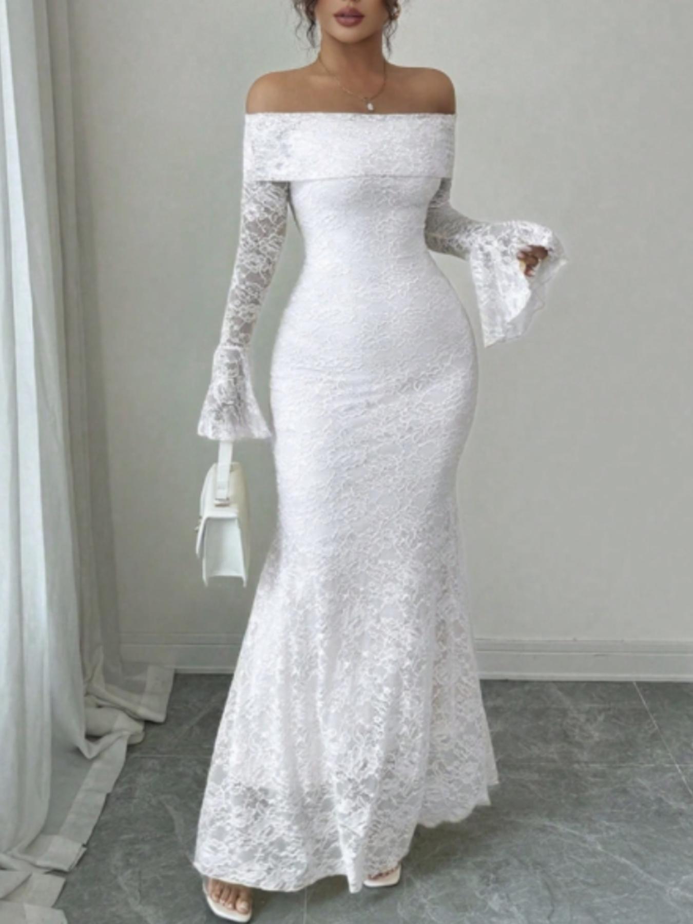 Women's One Shoulder Flare Sleeve Bodycon Long Dress, Lace Mermaid Tail Skirt, Long Sleeve, Elegant Party Wear, Summer Fashion