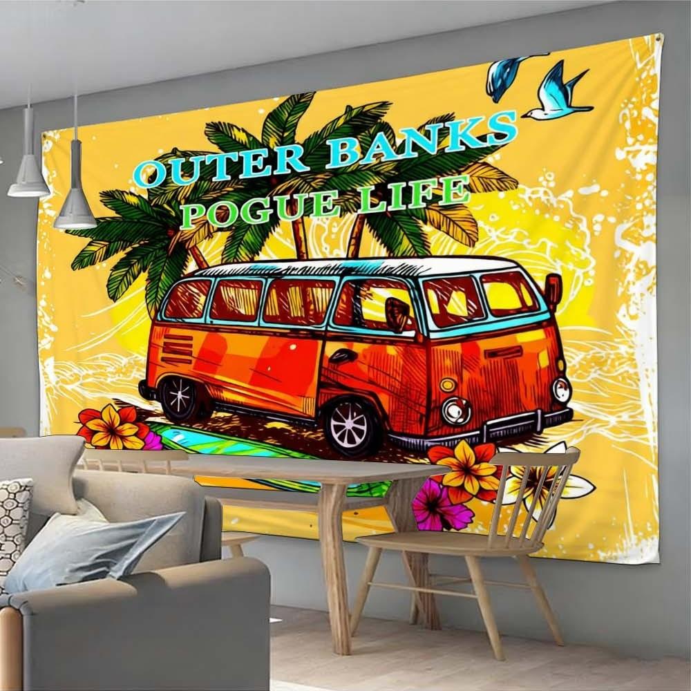 1PC colorful tropical themed wall hanging for living rooms bedrooms and events retro van and palm tree design great for celebrations and gatherings festive atmosphere enhancement lightweight decorative fabric for home holidays parties