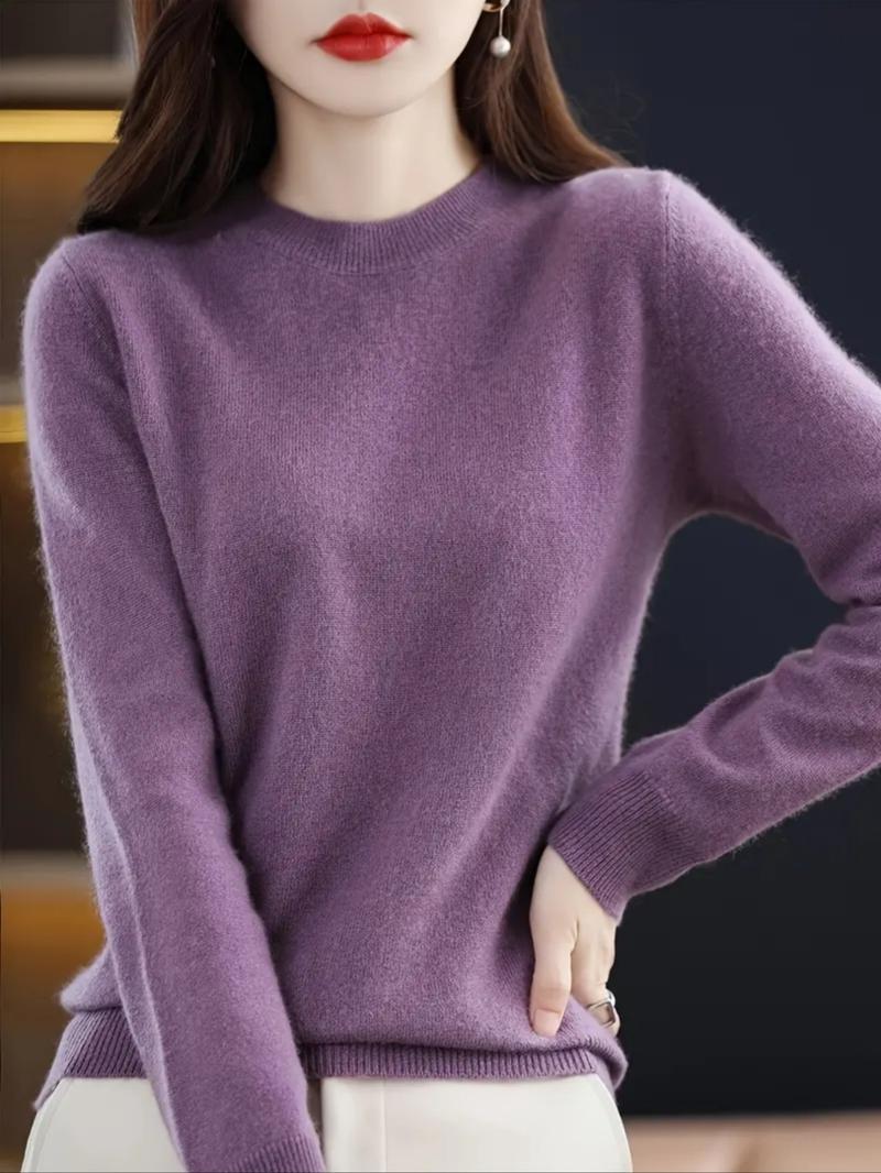 Women's Plain Round Neck Sweater, Casual Long Sleeve Crew Neck Jumper for Fall & Winter, Fashion Ladies' Knitwear for Daily Wear