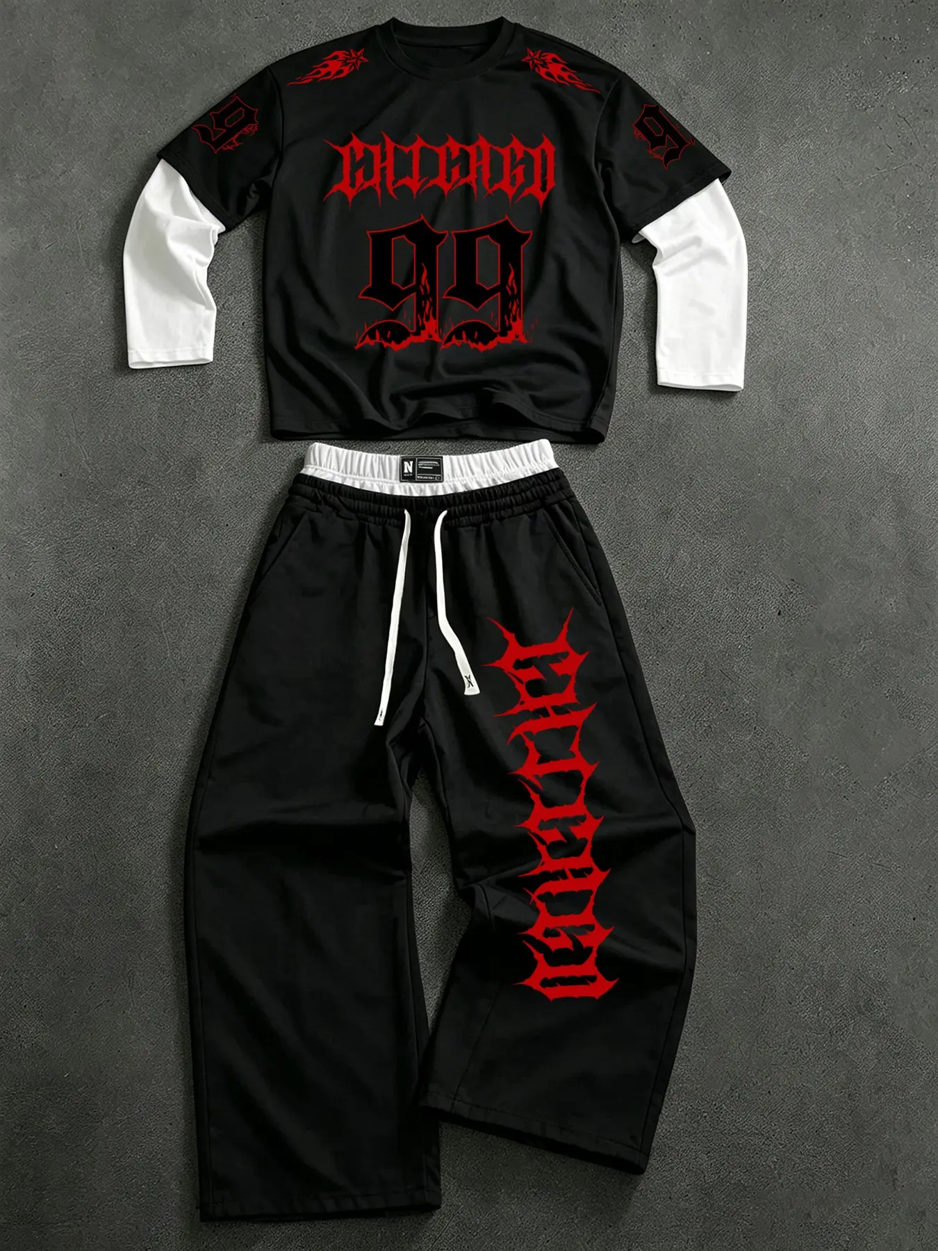Men's 2-Piece Set Long Sleeve T-Shirt and Wide Leg Loose Pants, Gothic High Street Style, Breathable Fabric, Flame Print, Colorblock Design