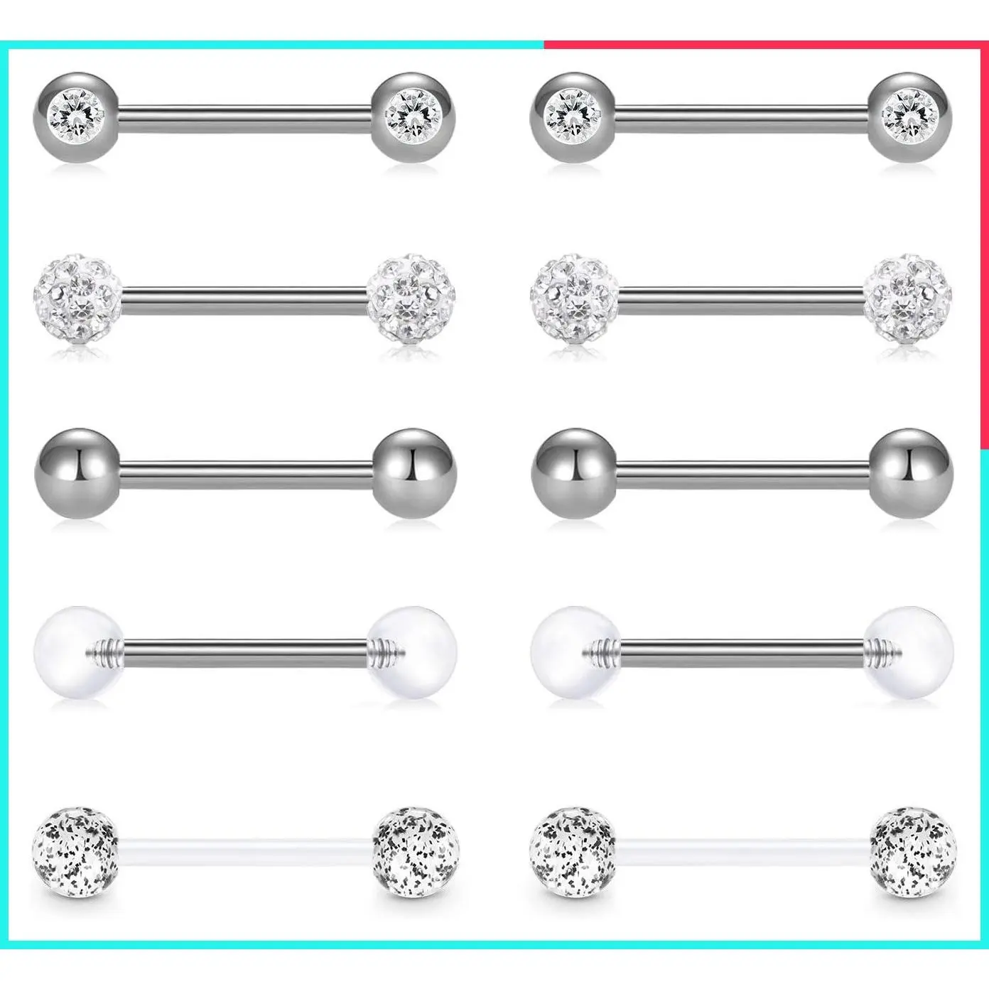 14G 5 Pairs Surgical Steel Straight Barbell Nipple Rings Tongue Ring Piercing Retainers for Women Silver 12mm-18mm