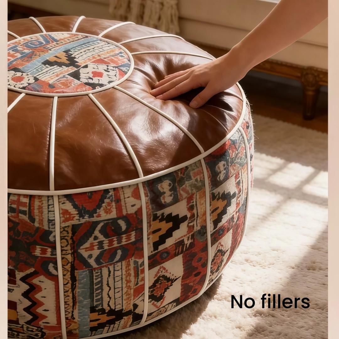 Multifunctional Storage Ottoman Pouf Cover, Faux Leather Ottoman Foot Rest with Hidden Storage, Boho Round Footstool Poufs, Fillable Pouf Ottoman for Blankets Clothes Pillows, Bohemian Pouf Ottoman
