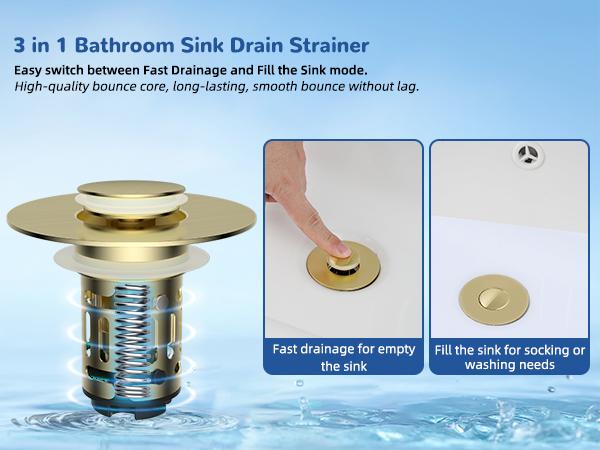 Hibbent Upgraded 3 in 1 Bathroom Sink Drain Strainer, Universal Pop Up Stopper with Removable Stainless Steel Filter Basket Hair Catcher, Sink Plug for 1.1''~2.36'' Basin, Brass Core, Brushed Gold