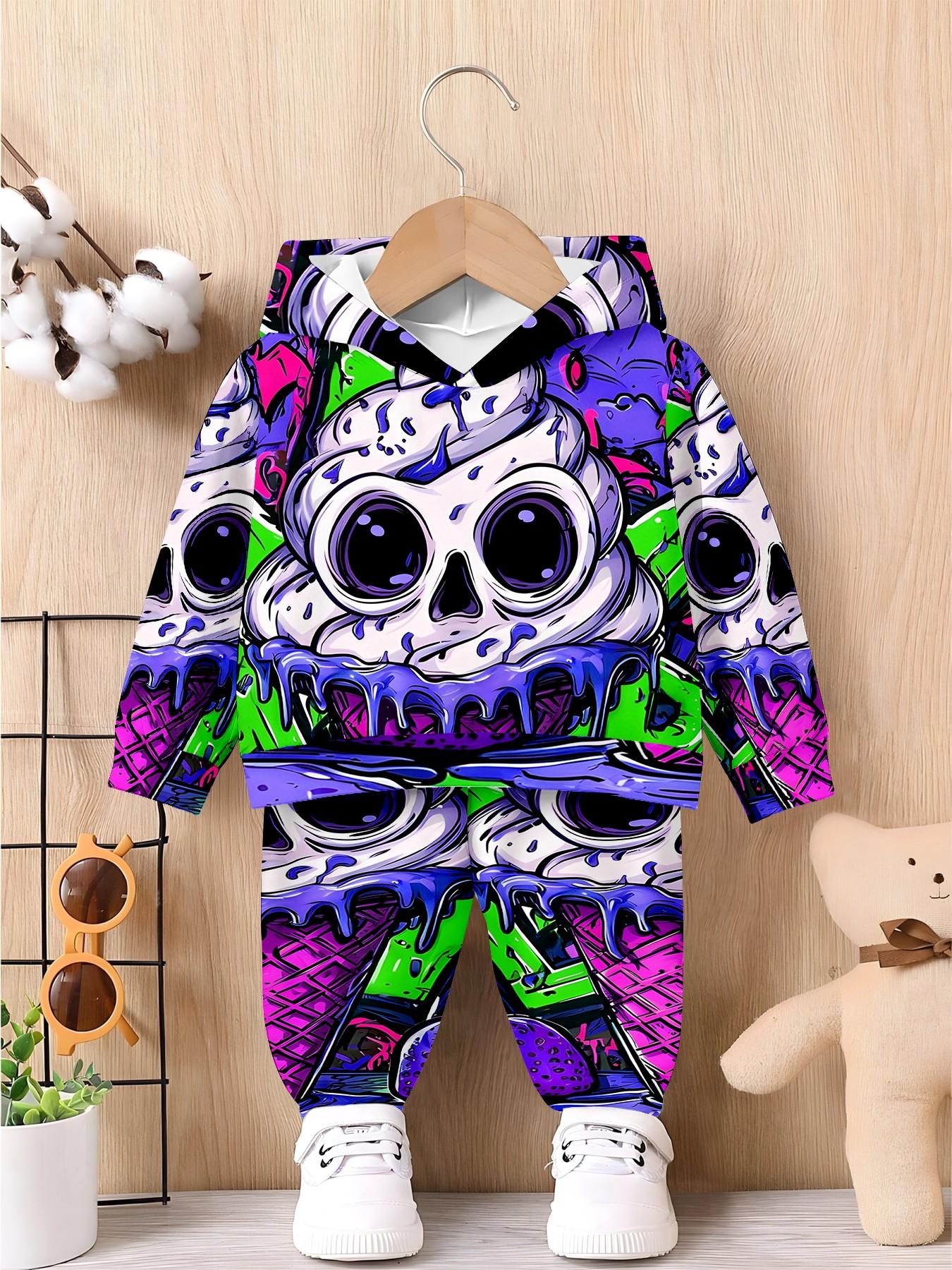 Boys' Creative Skull Ice Cream Full Print Set, Long Sleeve Loose-Fit Sweatpants, Casual Fall & Winter, All over Print Design