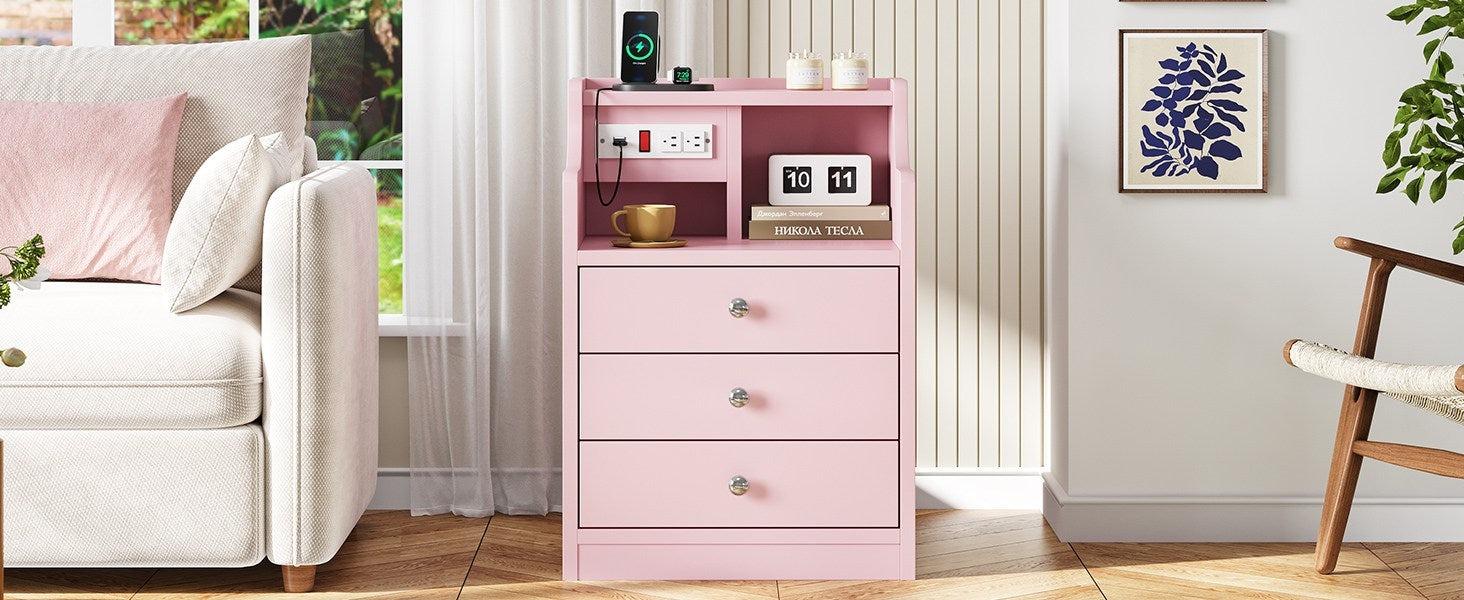 Sikaic Nightstand with Charging Station Storage Drawers Pink Bedroom Table Modern Dressing Table Bedside Cabinet