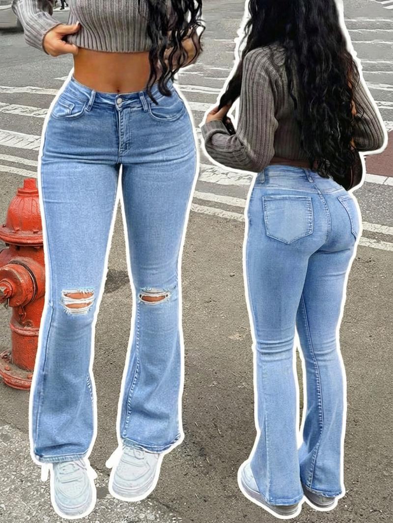 Women's Flare Leg Jeans, Casual Comfy High Waist Bell Bottom Trousers for Daily Wear, Ladies Bottoms for All Seasons