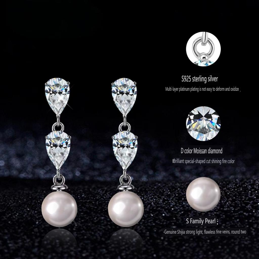 S925 sterling silver teardrop stud earrings with D color VVS moissanite and pearls; unique design, light luxury high-end feel; women’s moissanite jewelry earrings