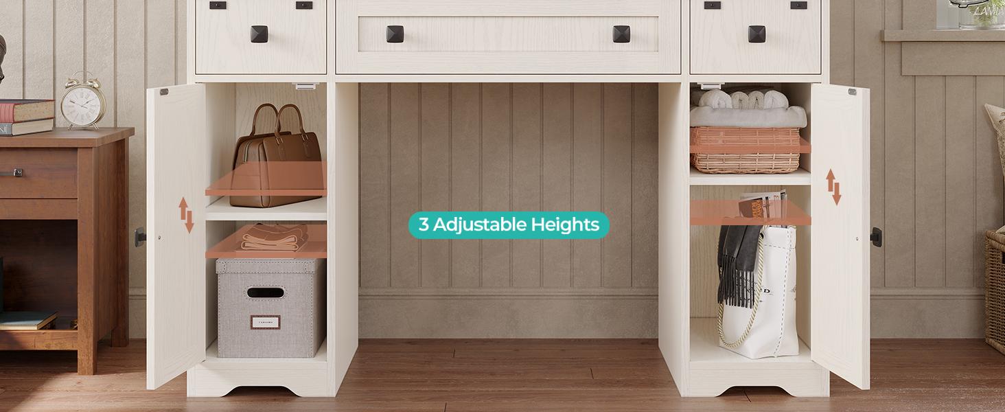 Sikaic Farmhouse Makeup Desk with Power Strips, Vanity Table with Sliding Barn Door and 5 Drawers, Dressing Table, White Furniture Organize Storage Bedroom