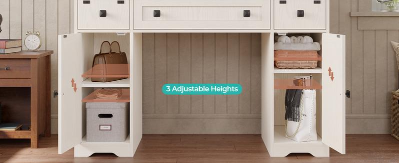 Sikaic Farmhouse Makeup Desk with Power Strips, Vanity Table with Sliding Barn Door and 5 Drawers, Dressing Table, White Furniture Organize Storage Bedroom