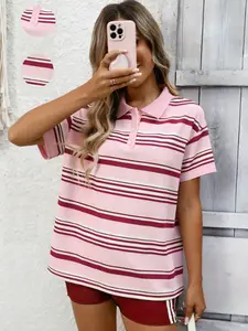 Women's Fashion Shirt Suit Collar Striped Loose T-Shirt Polo Shirt, Stylish Casual Wear, Perfect for Daily