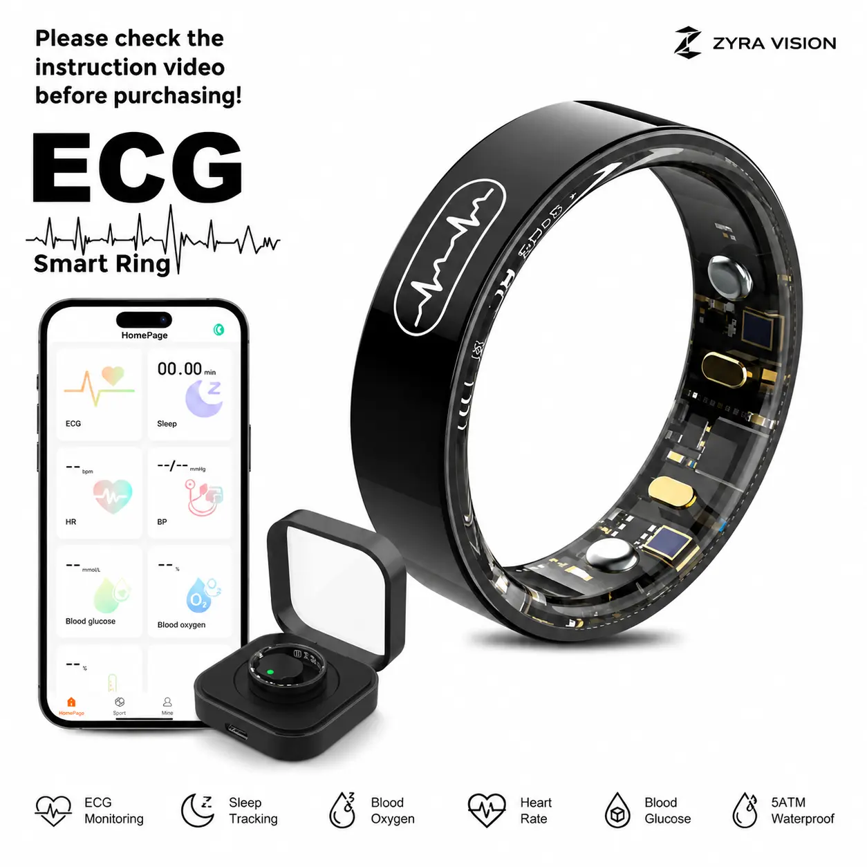 Smart ECG Health Monitoring Ring Zyra –  ECG/Heart Rate /Sleep /Activity Tracker/Blood pressure/Blood glucose/Spo2/Temperature/IP68 Waterproof