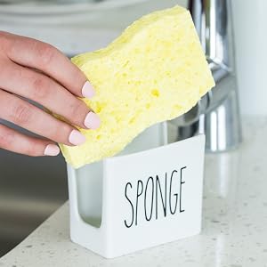 Porcelain Sponge Holder for Kitchen Sink, Compact Ceramic Black and White Dish Sponge Caddy for Kitchen Counter Storage Organization and Cute Kitchen Decor