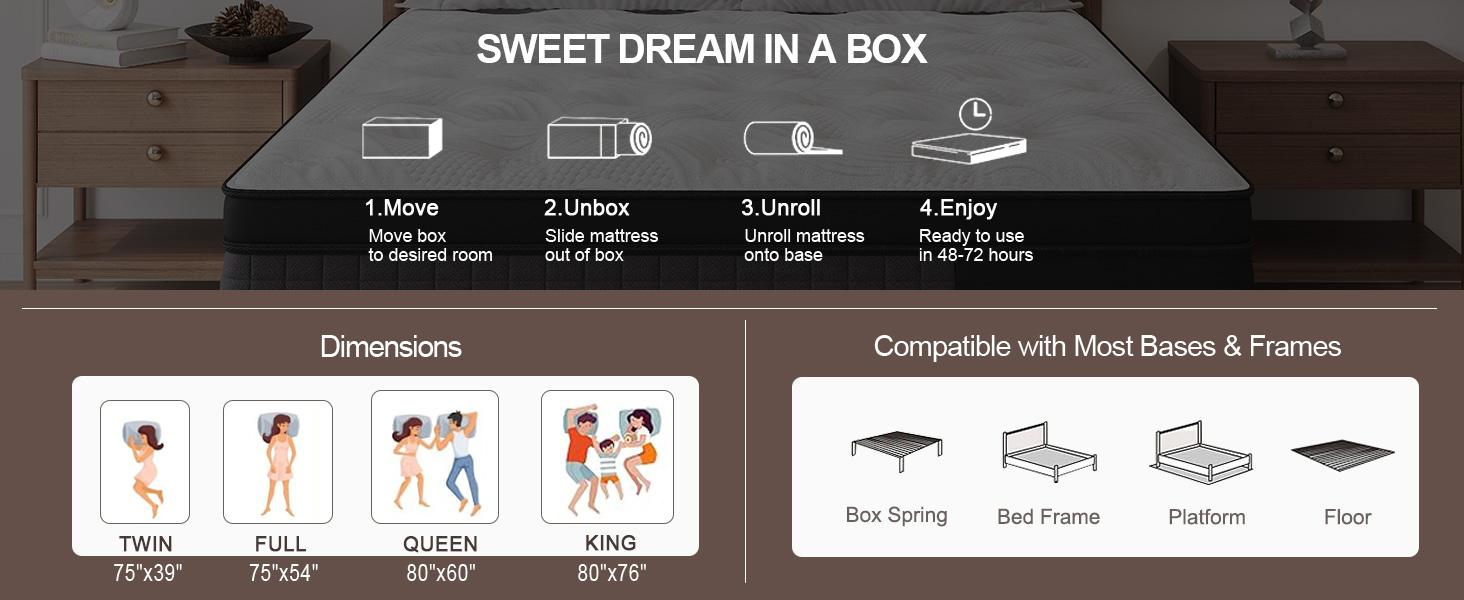Duchessz 10"12"14" Twin Full Queen King Size Mattress in a Box Ergonomic Hybrid Spring Cooling Gel Memory Foam Medium Firm