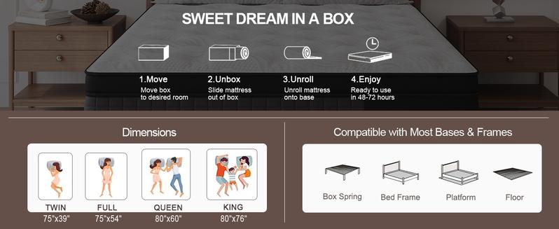 Duchessz 10"12"14" Twin Full Queen King Size Mattress in a Box Ergonomic Hybrid Spring Cooling Gel Memory Foam Medium Firm