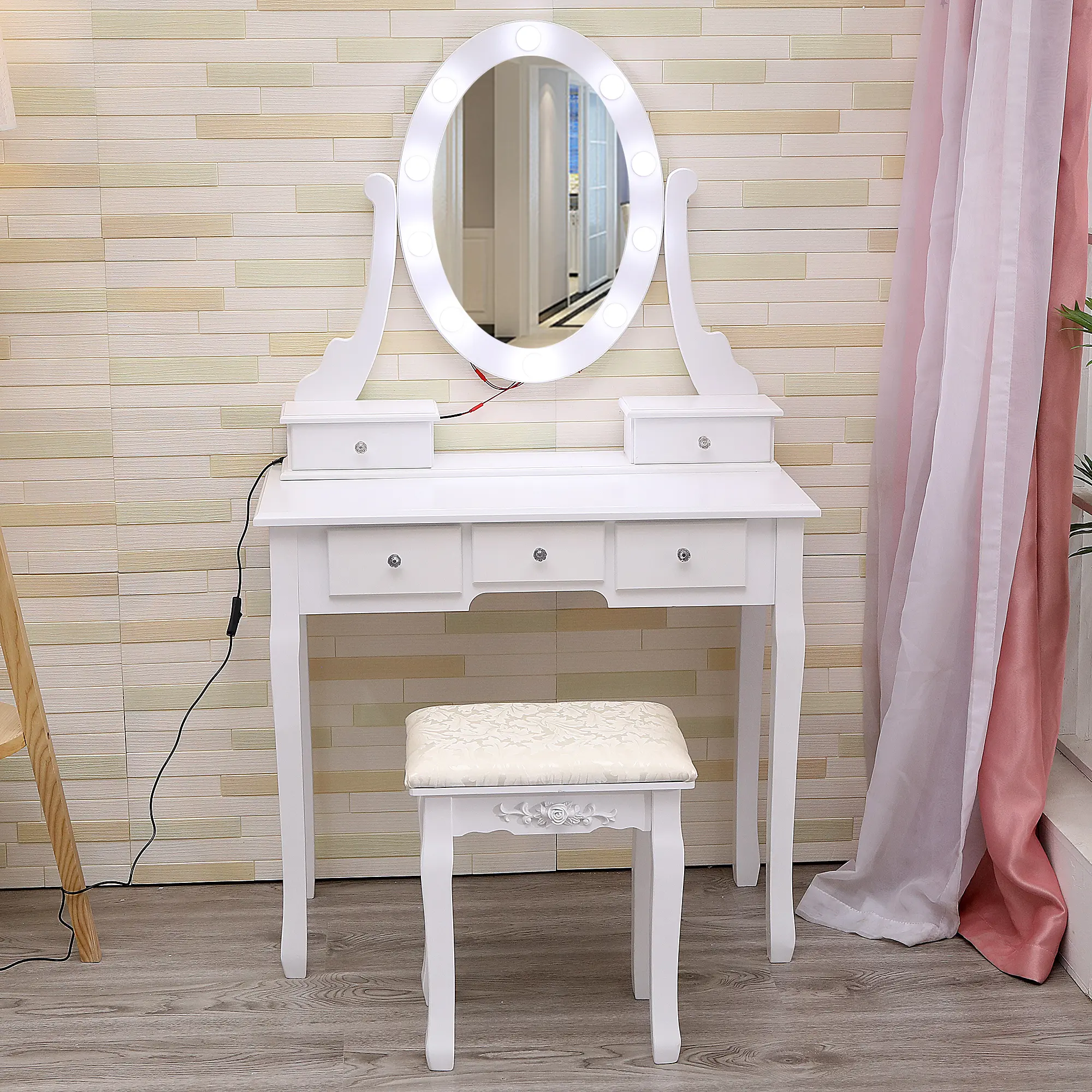 Modern White Vanity Desk with Oval LED Lighted Mirror, 5 Large Storage Drawers, Cushioned Stool & 3 Adjustable Lighting Modes, Elegant Dressing Table Set for Kids, Girls & Women Bedroom