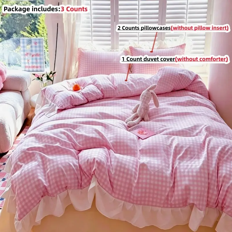 Pink Gingham Pattern Bedding Decorative Duvet Cover Sets, 3 Counts/set Including 1 Count Duvet Cover & 2 Counts Pillowcase without Filler, Soft Comfortable Bedding Set for Home Bedroom, Patterned Bedding Set