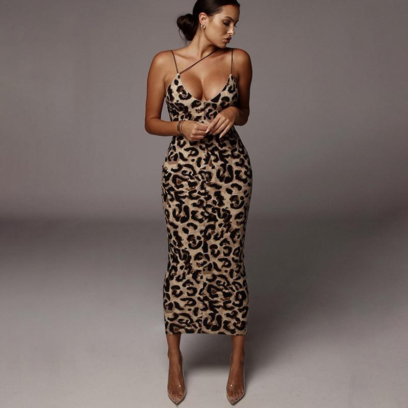 Wild Leopard Print Spaghetti Strap V-Neck Sleeveless Dress Women's 2025 Summer Fall New Sexy Lady Casual Bodycon Long Dress Elegant Party Night Club Dresses