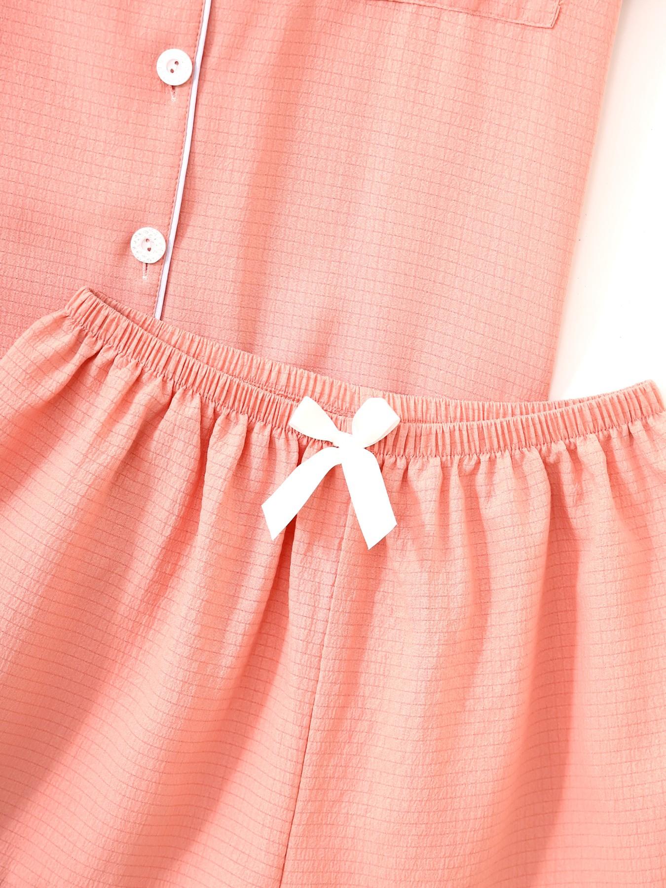 Women's Short Sleeve Button Down Top and Shorts Pajama Set, Spring Summer Wear, For Minimalist Gentle Commuter Girls, Peach Pink With Contrast White Piping, Heart Printing Pocket, Loose Fit, Comfortable For Home & Going Out