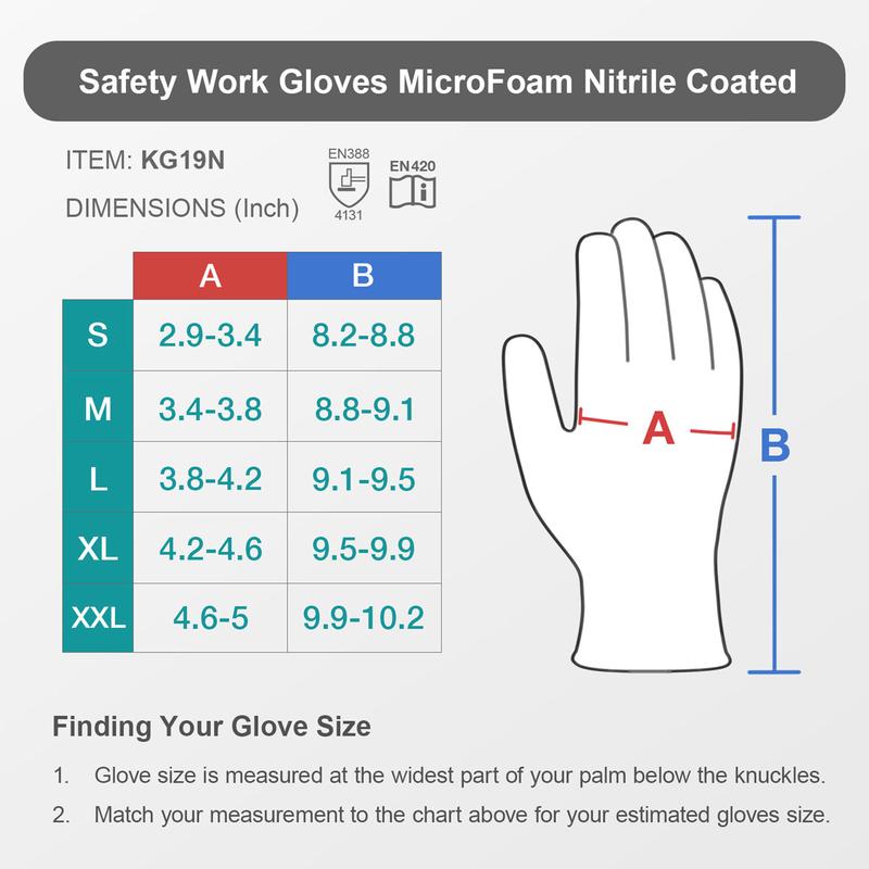 KAYGO Work Gloves MicroFoam Nitrile Coated KG19NB, Seamless Knit Nylon Safety Work Gloves with Micro Dots on palm, Ideal for General Purpose, Automotive, Home Improvement, Painting Protector