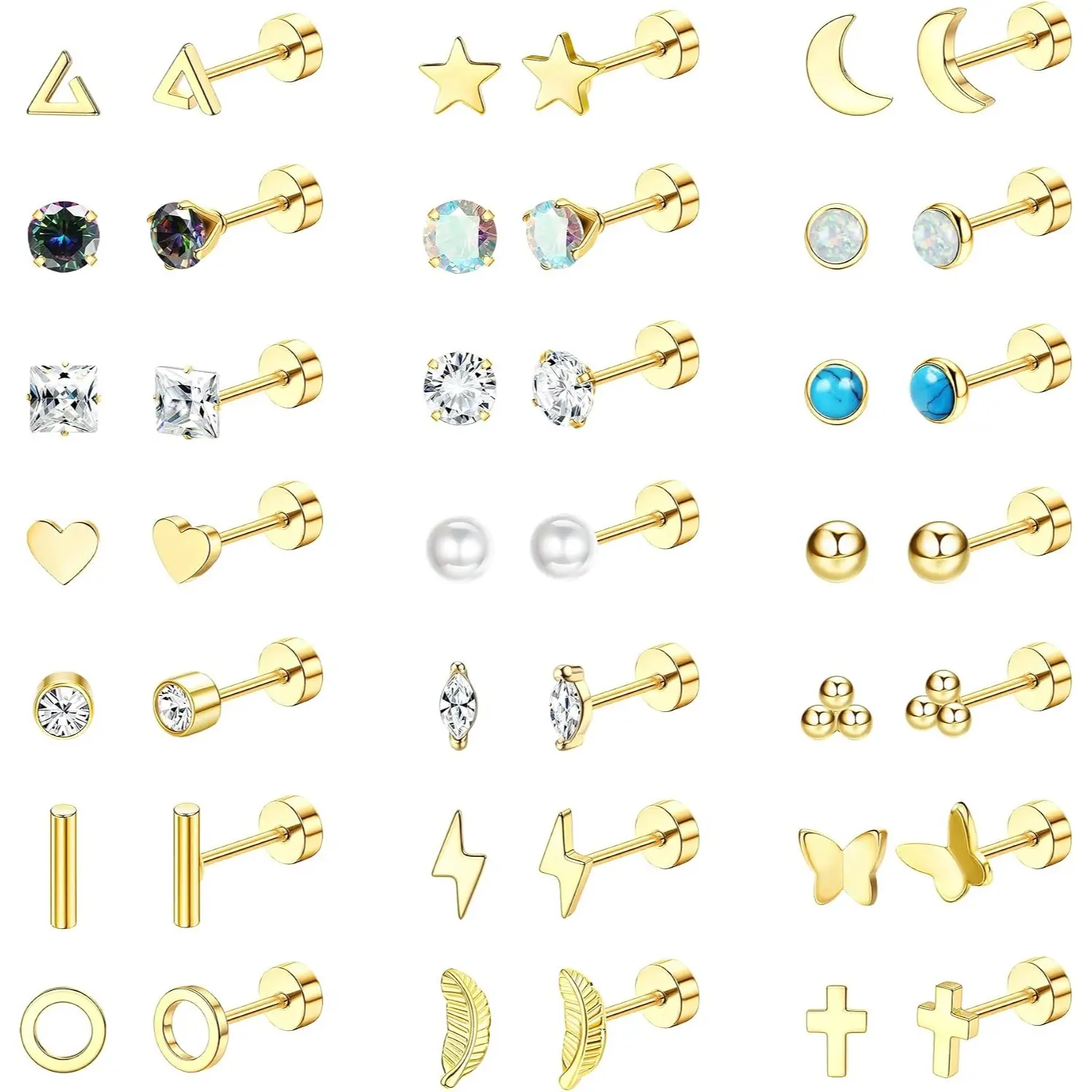YADOCA 21 Pairs Hypoallergenic Flat Back Earrings for Women - Surgical Steel, Gold Silver Black Studs, Screw Back, Helix Tragus Cartilage Earrings, Helix Earrings