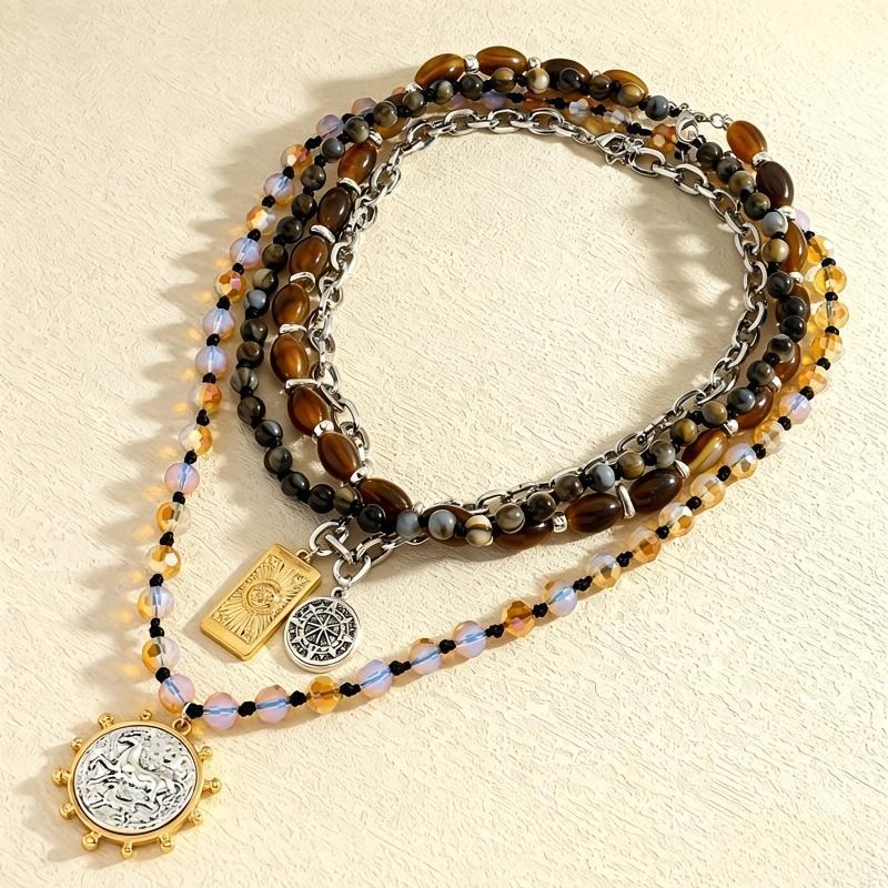 Women's Beaded Choker Necklace Tiger Eye Natural Stone Compass Charm Boho Western Style for Beach Vacation Festivals Daily Wear