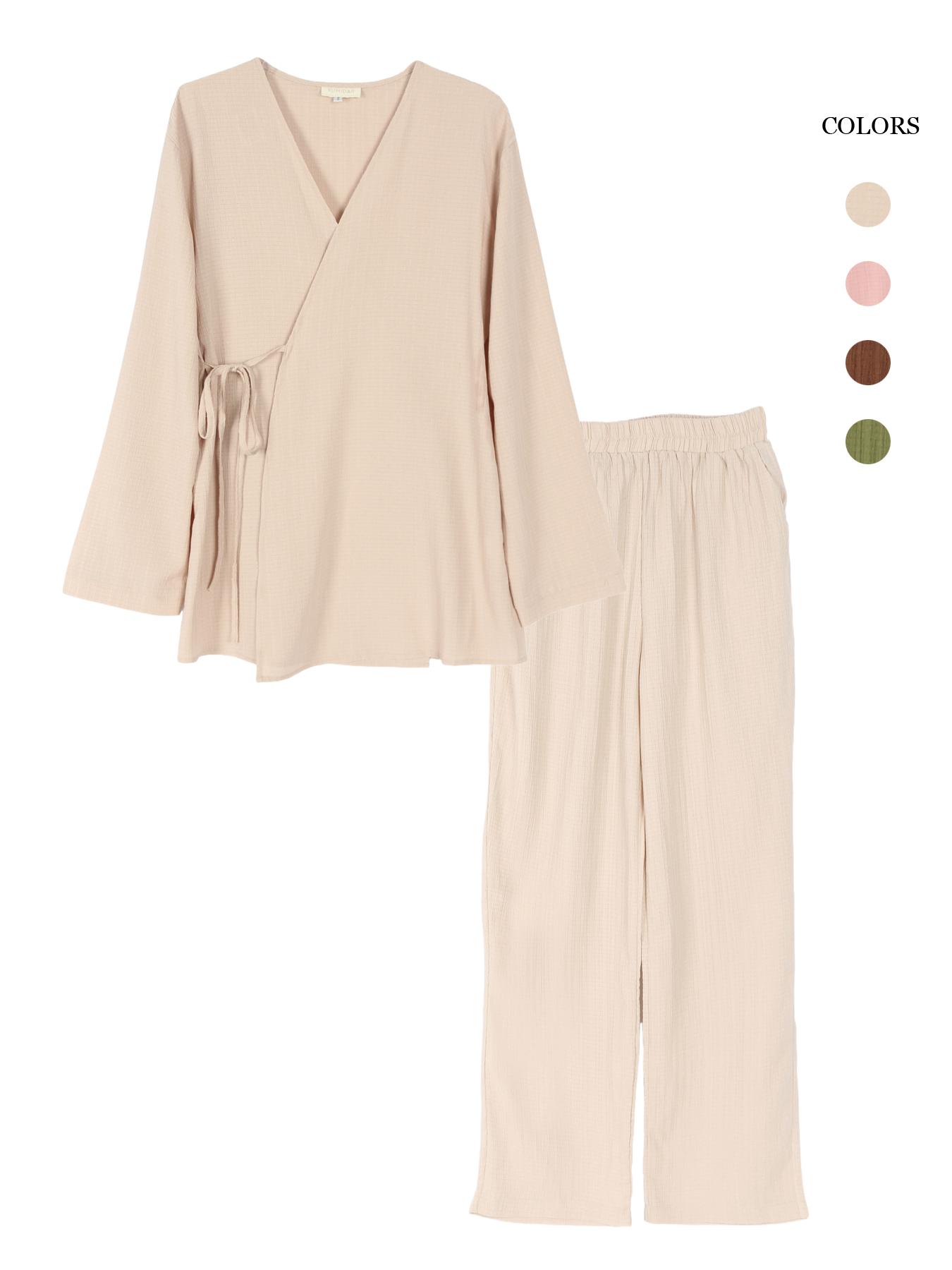 Women's Casual Loose-Fitting Tie Front Top & Pants Set, Elegant Daily Wear with Pockets, Comfortable Long Sleeve