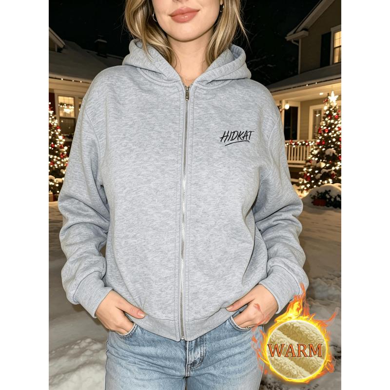 Women's Hooded Zipper Sportswear, Embroidered Letters, Thickened Fabric, Fashionable Regular Clothing, Suitable for Outdoor Wear in Autumn and Winter, Is A Great Gift