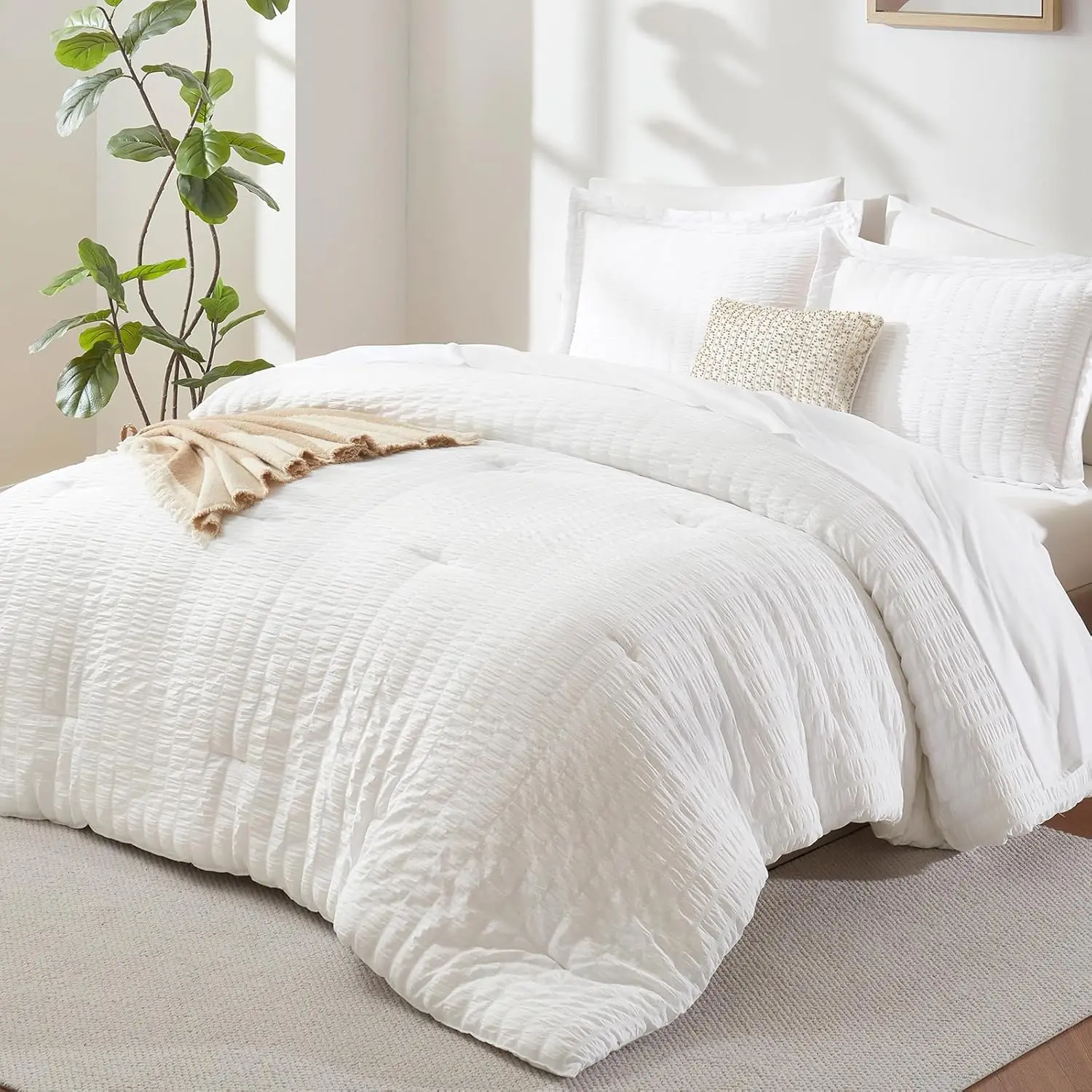 Queen Comforter Set, 7 Pieces White Seersucker Bed in a Bag | OEKO-TEX Certified, All Season Bedding Set with 240 GSM Down Alternative Comforter, Flat & Fitted Sheets, Pillowcases & Shams