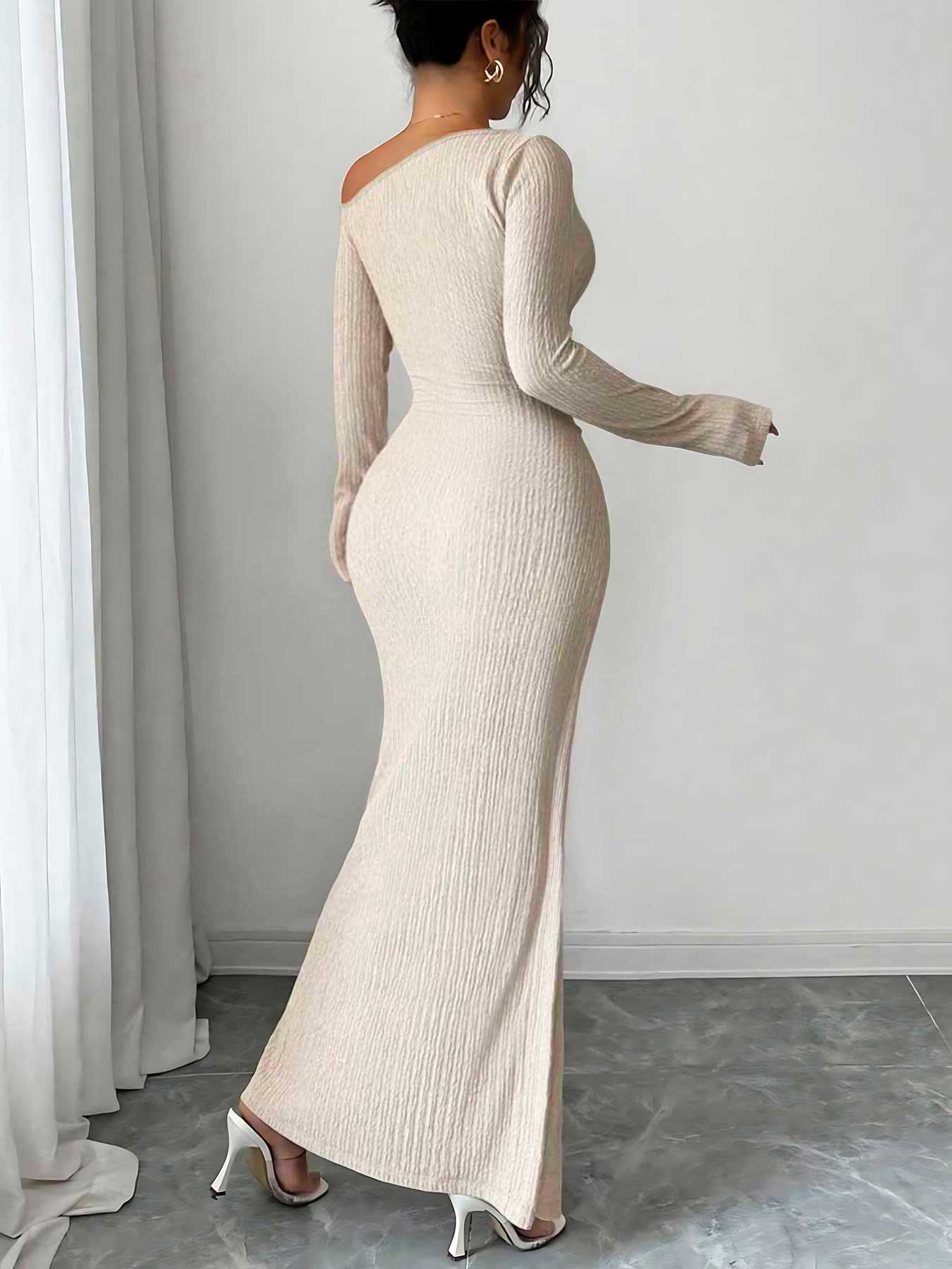 Women's Elegant Chic Asymmetric Neckline Dress, Plain Color, Twist Texture, Tight Fit, Party Gown, Commuter Style, All Seasons