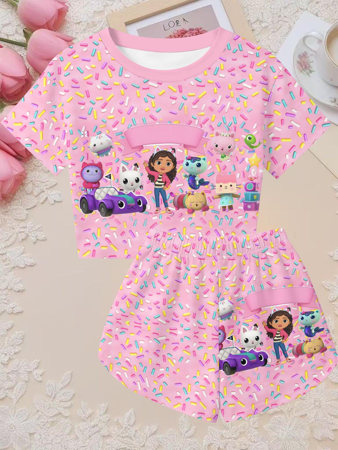 Girls' 3D Short Sleeve Set, Gabby Dollhouse Candy Sprinkle Print, Perfect for Outdoor, Gifts, Birthday Parties, Casual Slim Fit Crop Top Suit