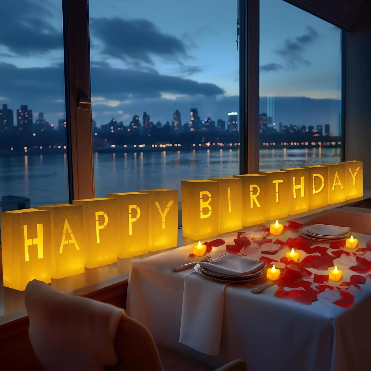 Light Up Letters Luminary Bags Kit with Flameless Candles, Fake Rose Petals & Happy Birthday Sign - Outdoor Lighting, Decorative Lights, Letter Glow Sign for Women Birthday, Romance, Children's Day Festive & Home Decor