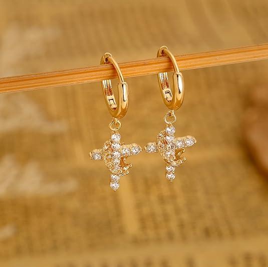 Tewiky 14K Gold Plated Crown Cross Drop Dangle Zircon Silver Earrings Trendy 14K Gold / Silver Plated Small Huggie Hoop Earrings for Women Dainty Hypoallergenic Lightweight Earring Jewelry For Easter