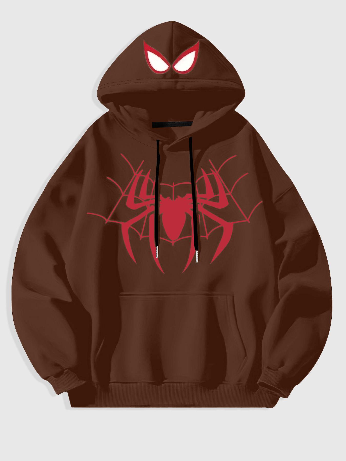 Men's Black Spider-Man Graphic Hoodie with 3D Red Spider Logo and Web Design, Soft Fleece Pullover for Superhero Fans and Casual Streetwear