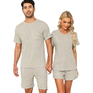 Matching Pajamas for Couples Ribbed Knit Lounge Set Soft Short Sleeve 2 Pieces Sleepwear S-XXL